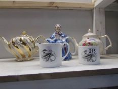 3 teapots and a Wedgwood sugar bowl and milk jug