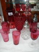A mixed lot of cranberry glass etc