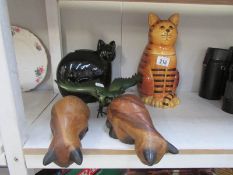 A cat biscuit barrel, 2 wooden cats,