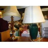 A brass table lamp & a pottery lamp
