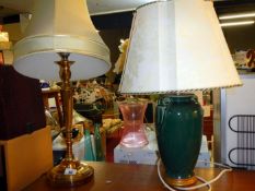 A brass table lamp & a pottery lamp