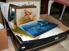 A box of oil paintings & prints etc.