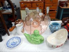 3 glass decanters, A T G green commemorative tankard,