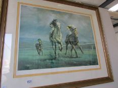 A limited edition print (277/550) of Desert Orchid's 1989 Cheltenham Gold cup signed by artist and