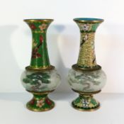 2 unusual cloissonne vases with hand painted glass insets