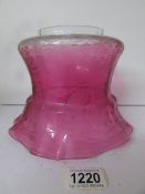 A Victorian cranberry glass acid etched oil lamp shade
