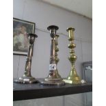 A pair of Victorian brass candlesticks and a pair of a/f telescopic candlesticks