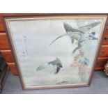 A large framed Japanese print of geese in flight signed Maruyana Okyu