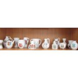 16 pieces of Goss crested china including Blackpool tankard featuring ghoul door knocker,