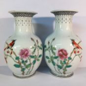 A mirrored pair of circa 20th century famille rose vases with birds and flora,