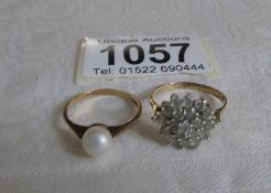 A 9ct gold cluster ring size O and a 9ct gold pearl ring size M