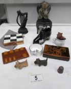 A mixed lot including silver miniature chair, whist marker,