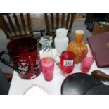 A mixed lot of coloured glass including large hand painted ruby glass decanter, cramberry glass,