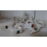 13 items of Goss crested china including a bust, a sedan chair, Whitby ammonite,