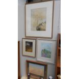 3 framed and glazed prints (2 signed) and a 'Beach' watercolour