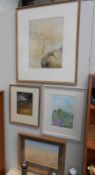 3 framed and glazed prints (2 signed) and a 'Beach' watercolour