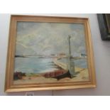 An oil on board harbour scene