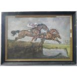 A framed and glazed oil on canvas of a steeplechase scene