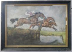A framed and glazed oil on canvas of a steeplechase scene