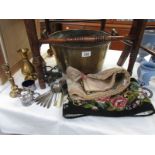 A mixed lot including brass jam pan, silver plate,