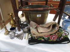 A mixed lot including brass jam pan, silver plate,