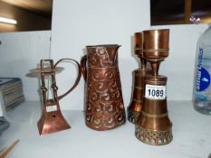 4 pieces of arts and crafts copper including candlesticks