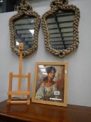 2 rope effect mirrors and a miniature picture easel print