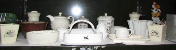 A shelf of assorted china including strawberry dish