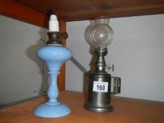 A French pigeon lamp and one other oil lamp