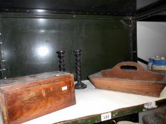 A cutlery tray, box and pair of candlesticks