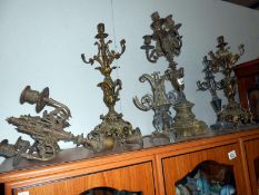 3 old brass candelabra, etc. a/f