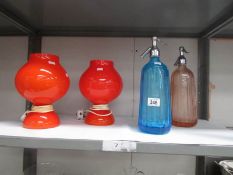 A pair of retro glass table lamps and 2 soda syphons including Bristol Blue