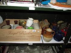 A mixed lot of pottery jugs etc, one shelf