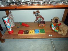 A shelf of vintage toys