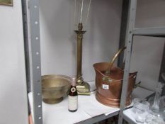 A brass pail, brass lamp,