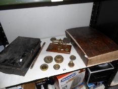 A mixed lot including postal scales, deed box etc