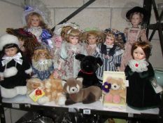 A mixed lot of dolls and soft toys, one shelf