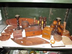 A mixed lot of wooden items including boxes, one shelf