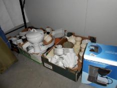 3 boxes of assorted china and a coffee maker