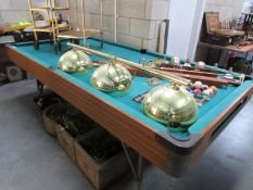 A snooker table complete with cues, balls,