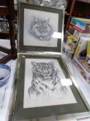 2 framed and glazed wild cat studies signed Magda