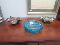 2 carnival glass bowls and a blue glass bowl