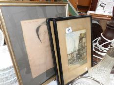 2 framed and glazed street scenes and a portrait of a lady
