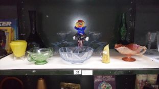 A Shelf of assorted glass ware including blue glass fruit set