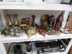 A box of assorted wooden ware, brass ware,