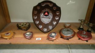 A shelf of trophies including golf