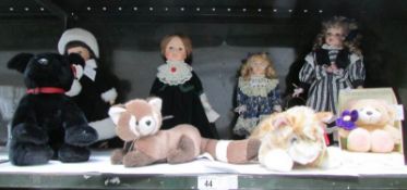 4 soft toys and 4 porcelain dolls