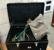 A tackle box/seat and contents including floats, hooks weights and an umbrella , bank sticks,