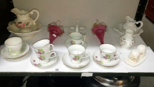 A mixed lot of teaware and 2 cranberry glass epergne baskets (both A/F)