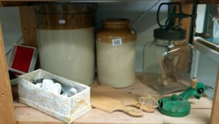 2 stoneware jars, a table top butter chuurn & butter pads etc.
